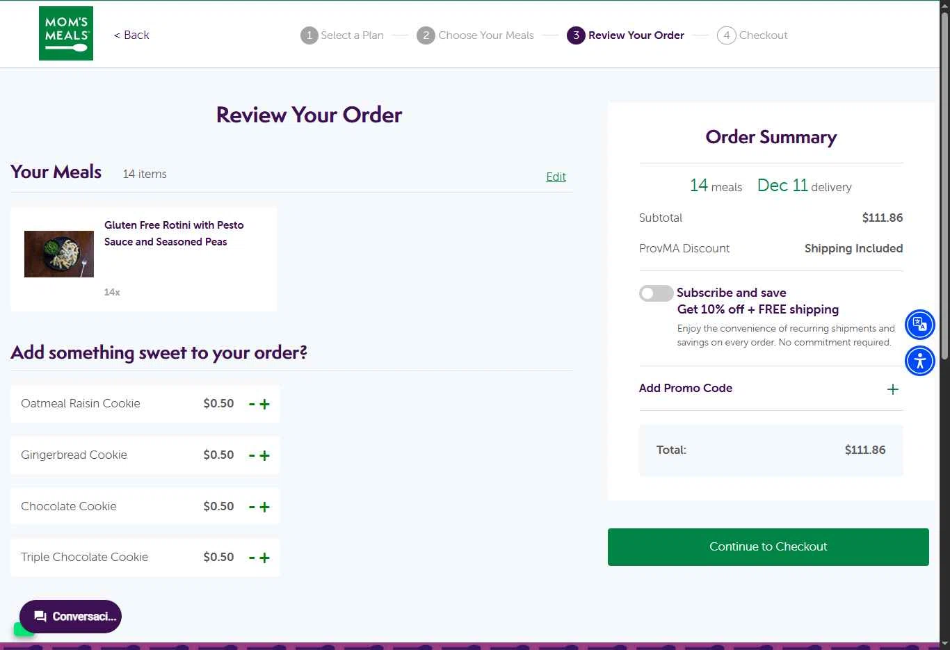 Mom's Meals checkout page showing Mom's Meals promo code box | Screenshot taken by SimplyCodes community member on Dec 8, 2025