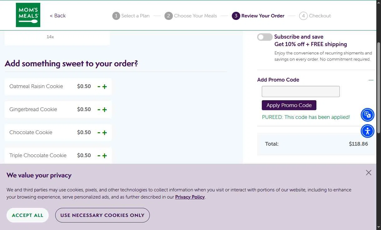 Mom's Meals checkout page showing Mom's Meals promo code box | Screenshot taken by SimplyCodes community member on Dec 24, 2025
