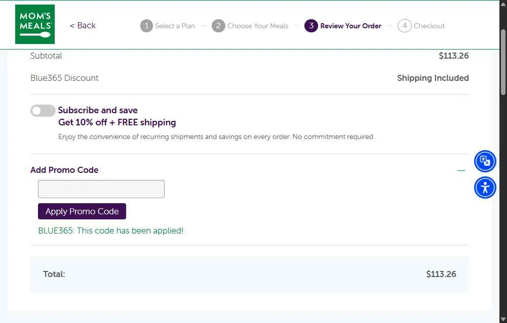 Mom's Meals checkout page showing Mom's Meals promo code box | Screenshot taken by SimplyCodes community member on Nov 27, 2025