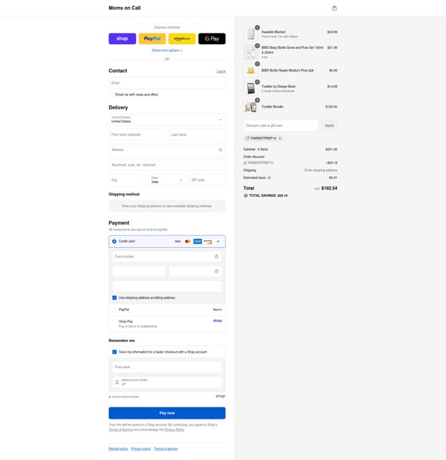 Moms on Call checkout page showing Moms on Call promo code box | Screenshot taken by SimplyCodes community member on Sep 3, 2025
