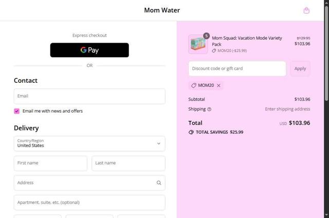 Mom Water checkout page showing Mom Water discount code box | Screenshot taken by SimplyCodes community member on Aug 30, 2025