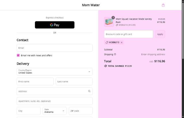 Mom Water checkout page showing Mom Water discount code box | Screenshot taken by SimplyCodes community member on Aug 30, 2025