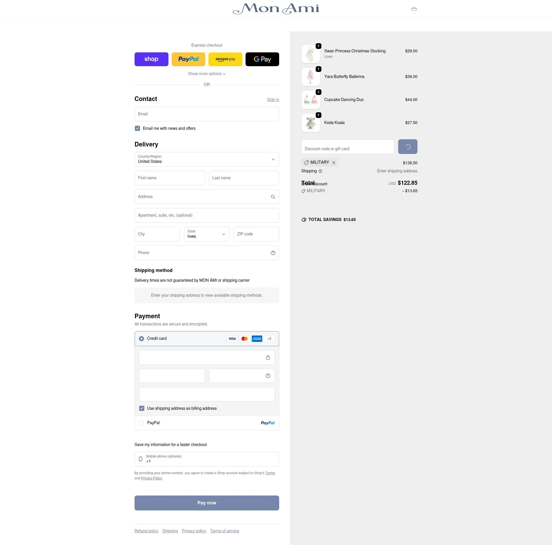 Mon Ami checkout page showing Mon Ami discount code box | Screenshot taken by SimplyCodes community member on Feb 1, 2026