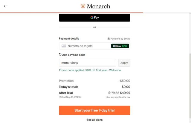 Monarch Money checkout page showing Monarch Money promo code box | Screenshot taken by SimplyCodes community member on Sep 6, 2025