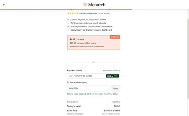 Monarch Money checkout page showing Monarch Money promo code box | Screenshot taken by SimplyCodes community member on Aug 30, 2025