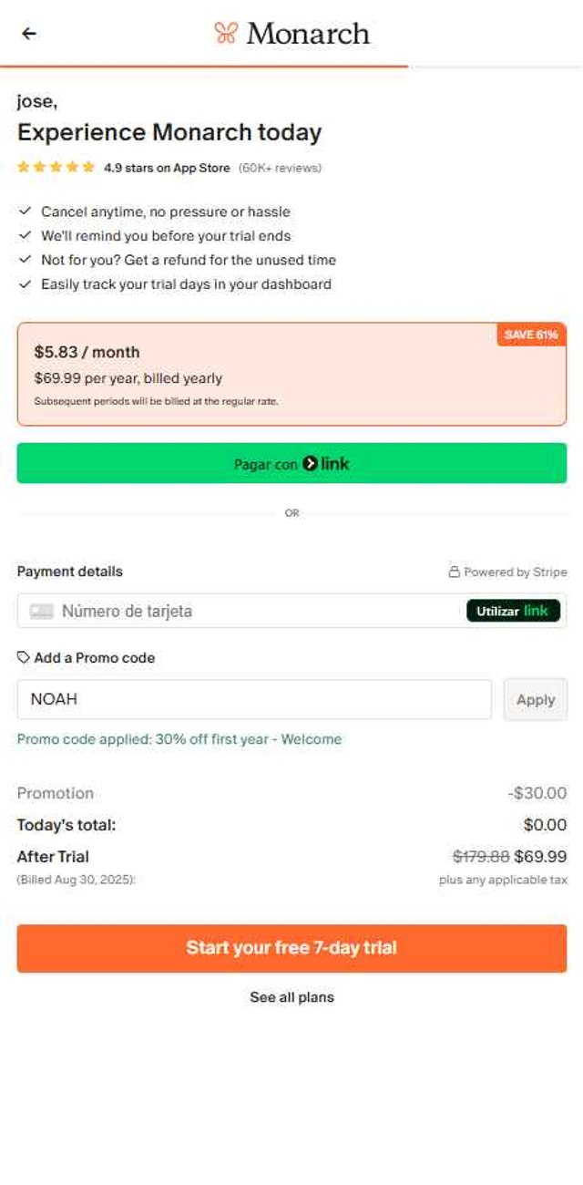 Monarch Money checkout page showing Monarch Money promo code box | Screenshot taken by SimplyCodes community member on Aug 23, 2025