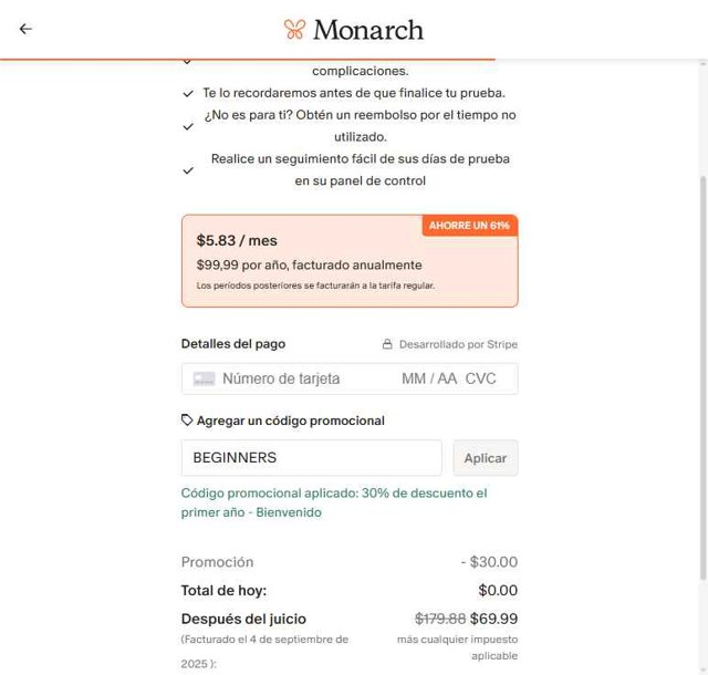 Monarch Money checkout page showing Monarch Money promo code box | Screenshot taken by SimplyCodes community member on Aug 28, 2025
