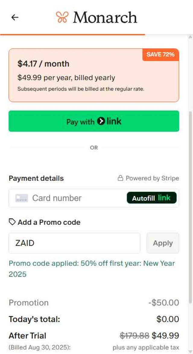 Monarch Money checkout page showing Monarch Money promo code box | Screenshot taken by SimplyCodes community member on Aug 23, 2025