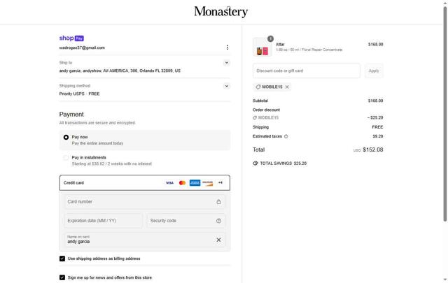 Monastery checkout page showing Monastery coupon code box | Screenshot taken by SimplyCodes community member on Jun 14, 2025