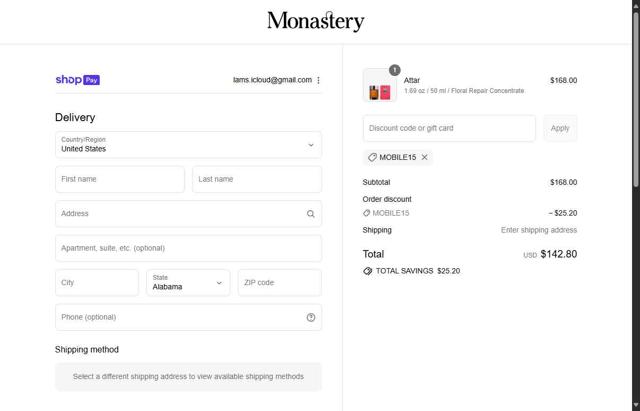 Monastery checkout page showing Monastery coupon code box | Screenshot taken by SimplyCodes community member on Jul 22, 2025
