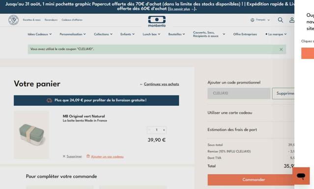 Monbento checkout page showing Monbento discount code box | Screenshot taken by SimplyCodes community member on Aug 18, 2025