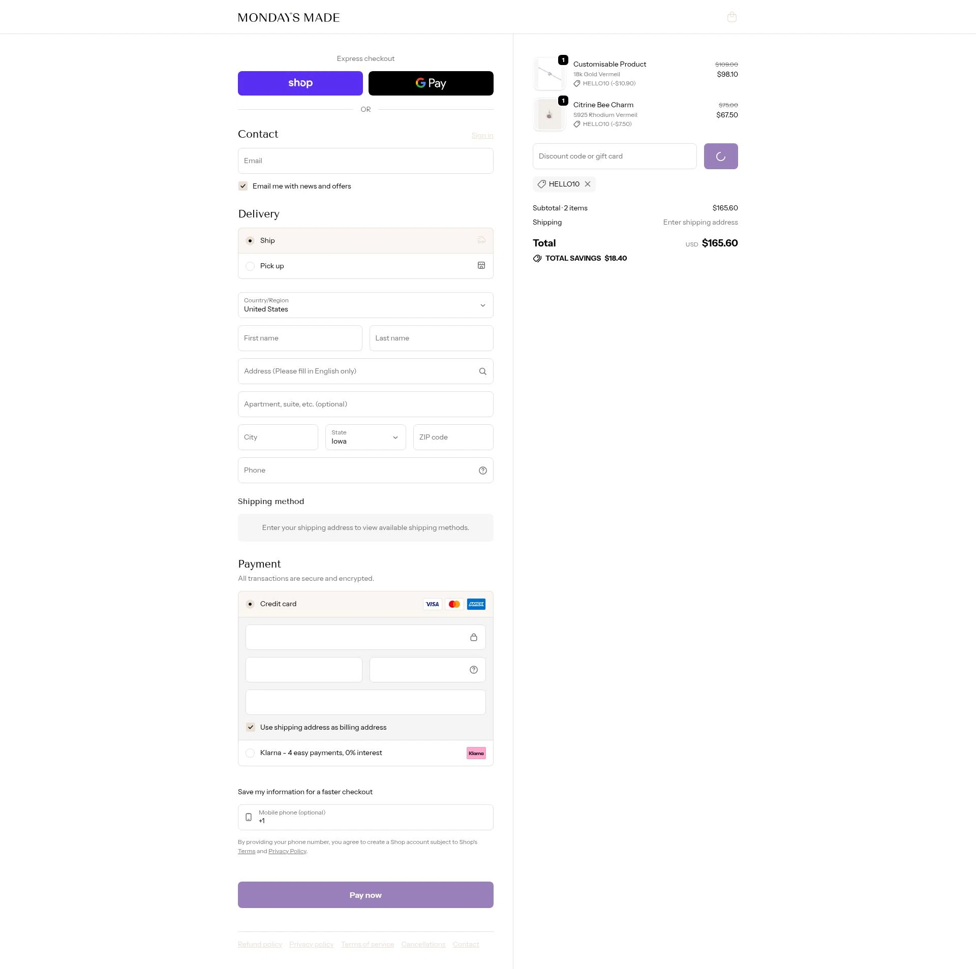 Mondays Made checkout page showing Mondays Made promo code box | Screenshot taken by SimplyCodes community member on Feb 20, 2026