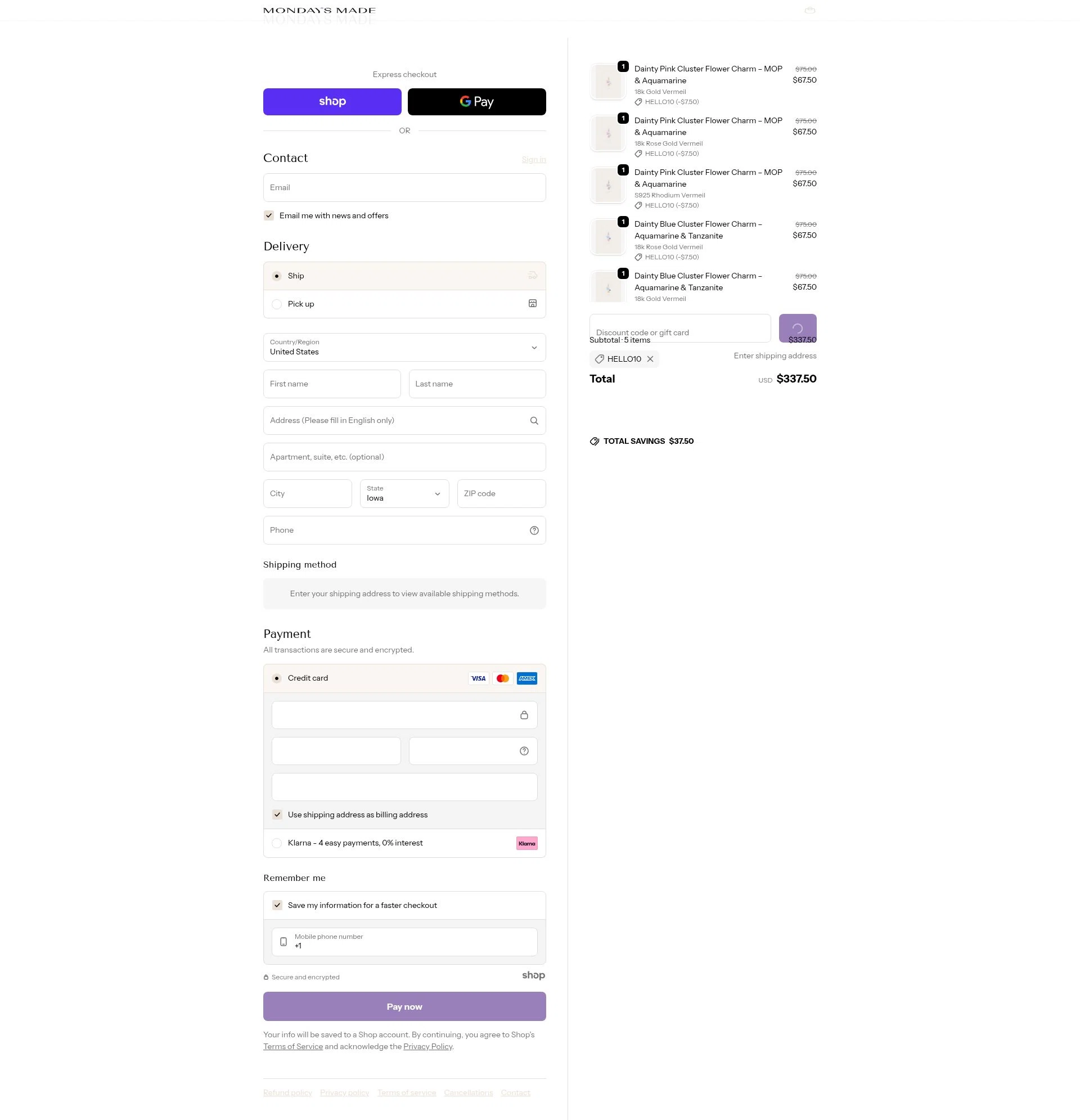 Mondays Made checkout page showing Mondays Made promo code box | Screenshot taken by SimplyCodes community member on Jan 20, 2026