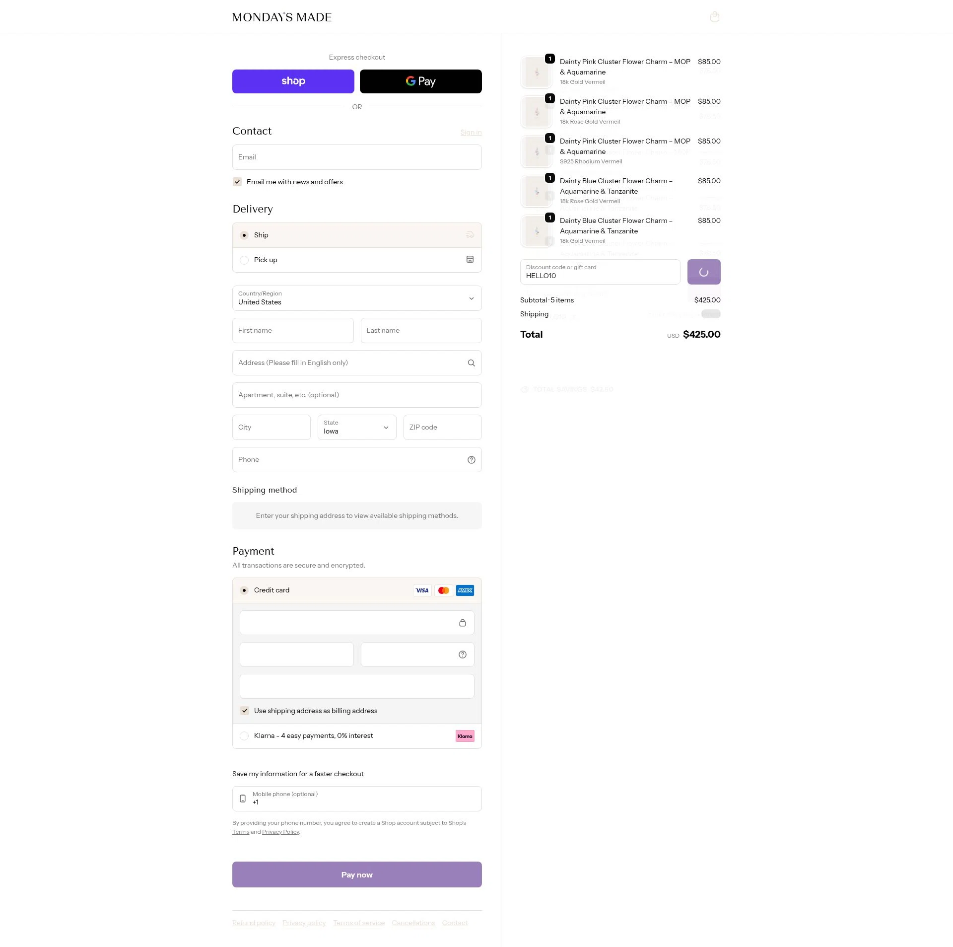 Mondays Made checkout page showing Mondays Made promo code box | Screenshot taken by SimplyCodes community member on Feb 3, 2026