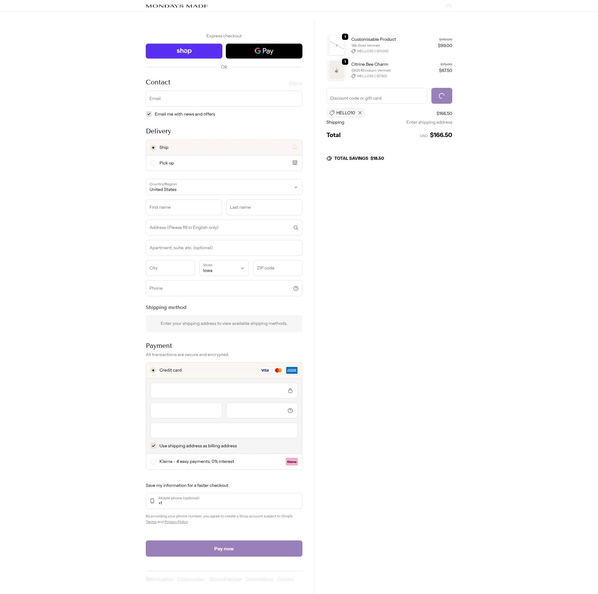 Mondays Made checkout page showing Mondays Made promo code box | Screenshot taken by SimplyCodes community member on Feb 11, 2026