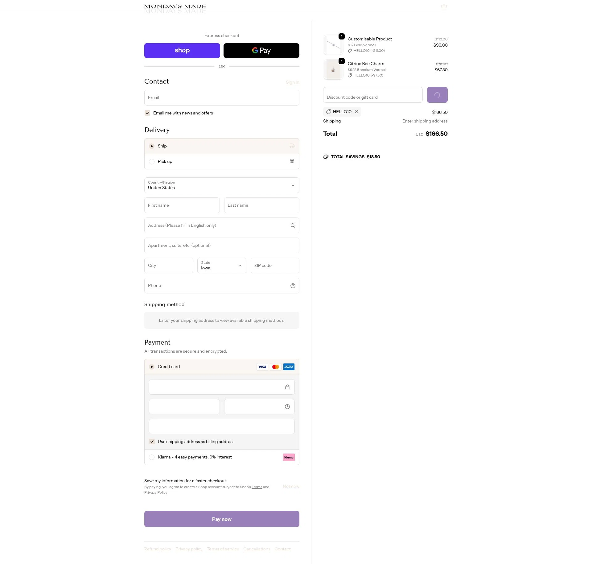 Mondays Made checkout page showing Mondays Made promo code box | Screenshot taken by SimplyCodes community member on Feb 16, 2026