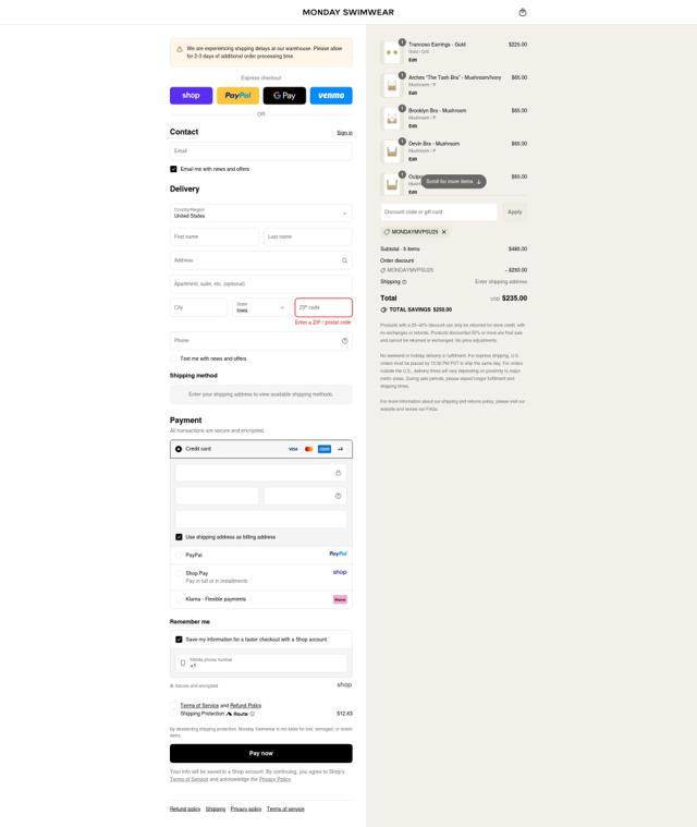 Monday Swimwear checkout page showing Monday Swimwear discount code box | Screenshot taken by SimplyCodes community member on Sep 11, 2025