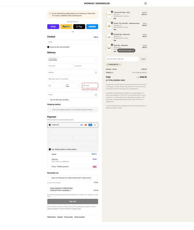 Monday Swimwear checkout page showing Monday Swimwear discount code box | Screenshot taken by SimplyCodes community member on Sep 11, 2025