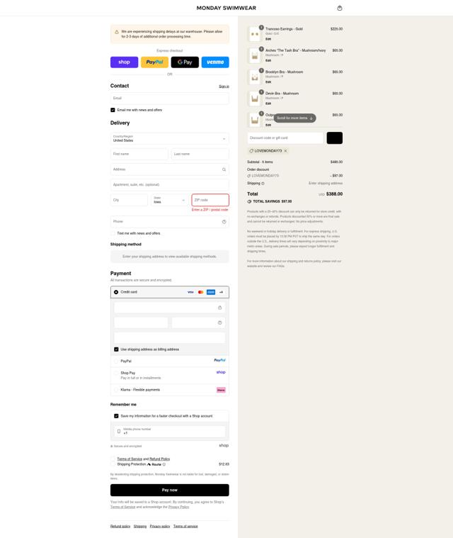 Monday Swimwear checkout page showing Monday Swimwear discount code box | Screenshot taken by SimplyCodes community member on Sep 11, 2025