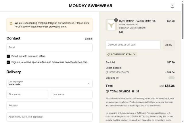 Monday Swimwear checkout page showing Monday Swimwear discount code box | Screenshot taken by SimplyCodes community member on Sep 13, 2025
