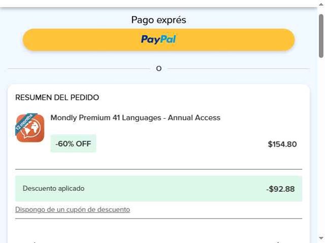 Mondly checkout page showing Mondly promo code box | Screenshot taken by SimplyCodes community member on Sep 5, 2025