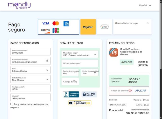 Mondly checkout page showing Mondly promo code box | Screenshot taken by SimplyCodes community member on Aug 27, 2025
