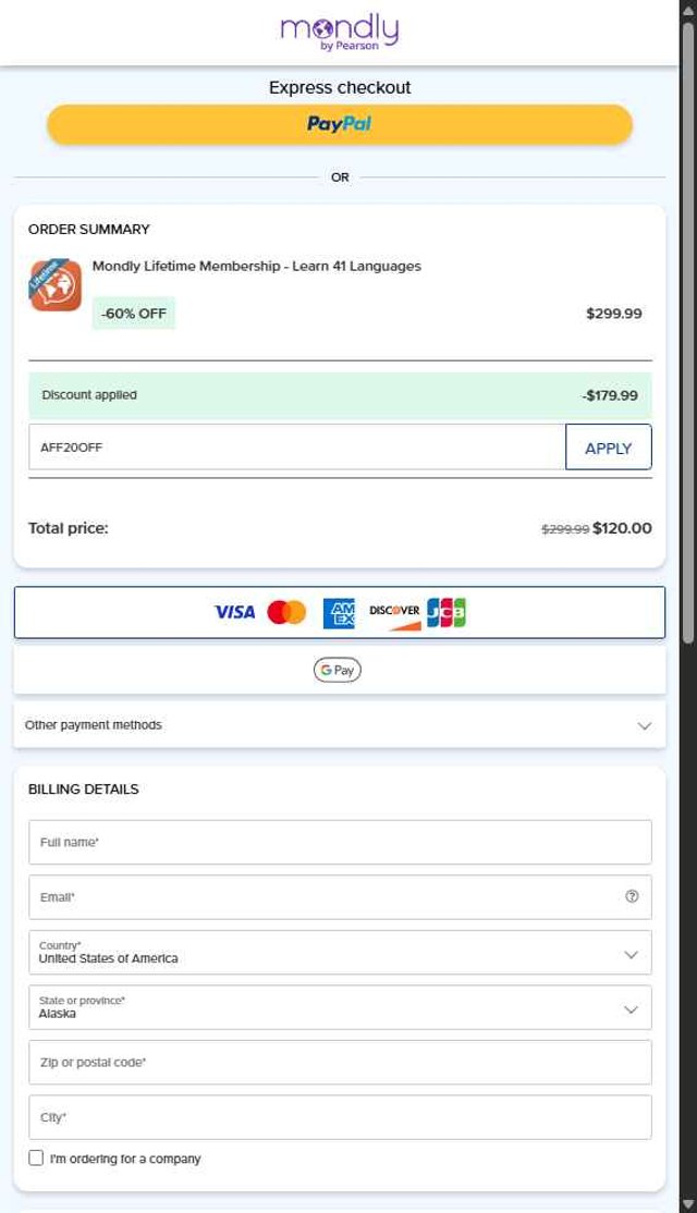 Mondly checkout page showing Mondly promo code box | Screenshot taken by SimplyCodes community member on Sep 5, 2025