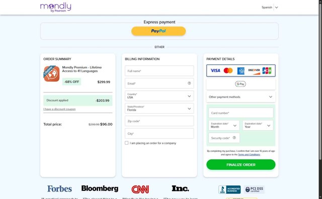Mondly checkout page showing Mondly promo code box | Screenshot taken by SimplyCodes community member on Aug 14, 2025