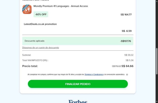 Mondly checkout page showing Mondly promo code box | Screenshot taken by SimplyCodes community member on Sep 5, 2025