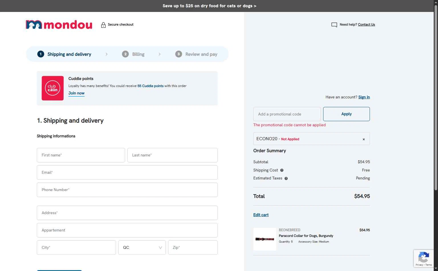 Mondou checkout page showing Mondou promo code box | Screenshot taken by SimplyCodes community member on Sep 5, 2025