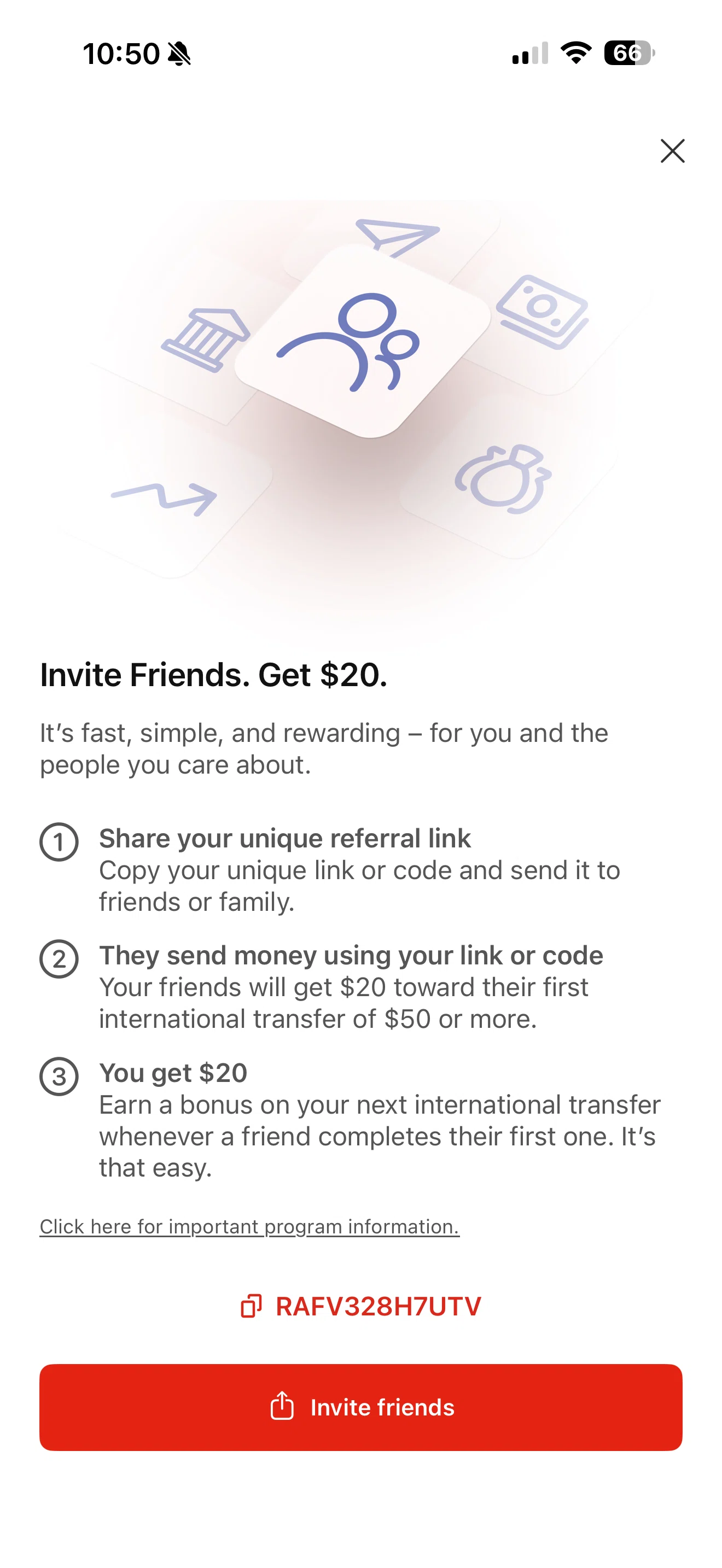Verification screenshot for $20 Off Select Items (minimum Order $50) at MoneyGram — 28d ago