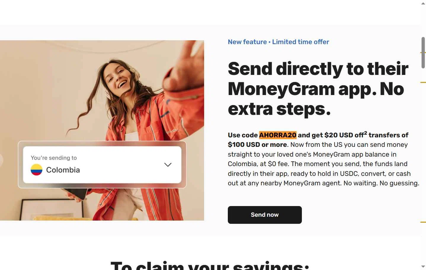 Verification screenshot for $20 Off Money Transfers App in Colombia (minimum Order $100) at MoneyGram - 1d ago