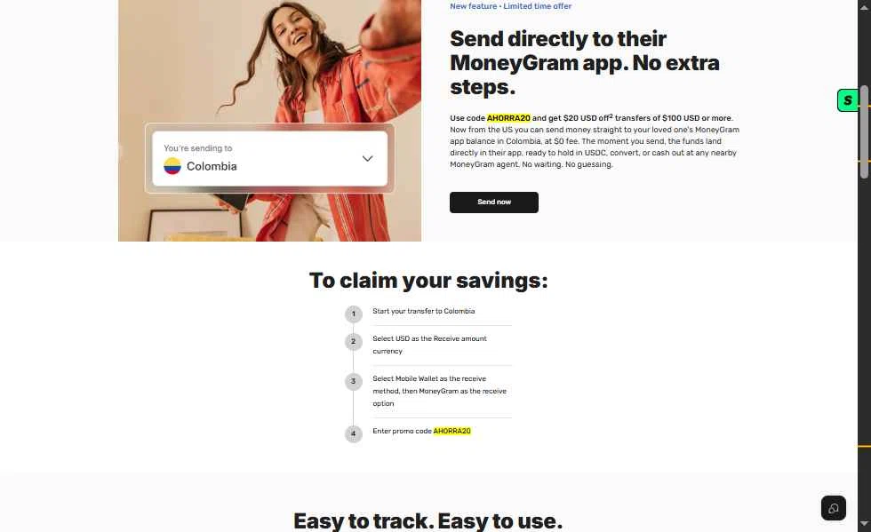 Verification screenshot for $20 Off Money Transfers App in Colombia (minimum Order $100) at MoneyGram - 13d ago