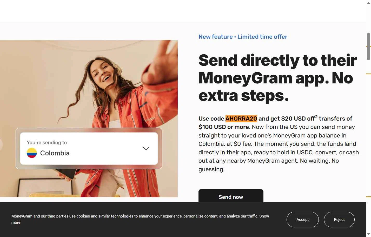 Verification screenshot for $20 Off Money Transfers App in Colombia (minimum Order $100) at MoneyGram - 28d ago