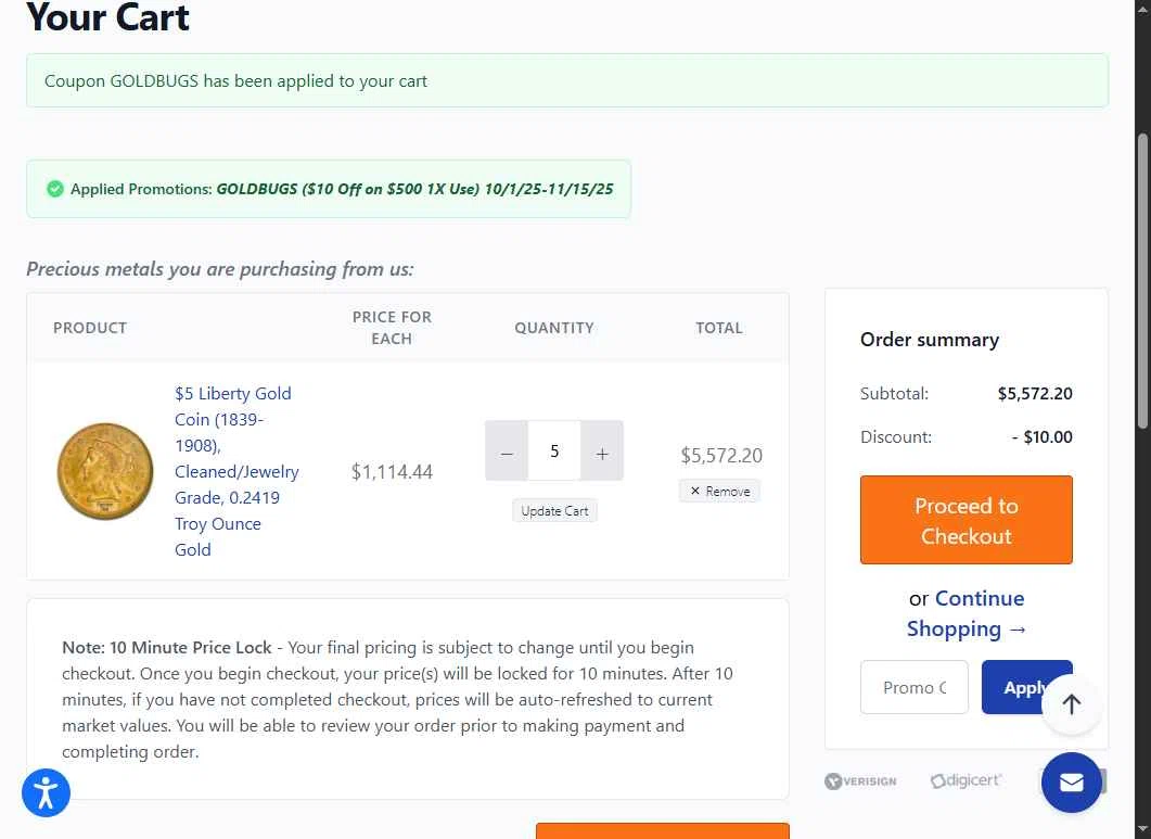 Money Metals Exchange checkout page showing Money Metals Exchange promo code box | Screenshot taken by SimplyCodes community member on Oct 27, 2025