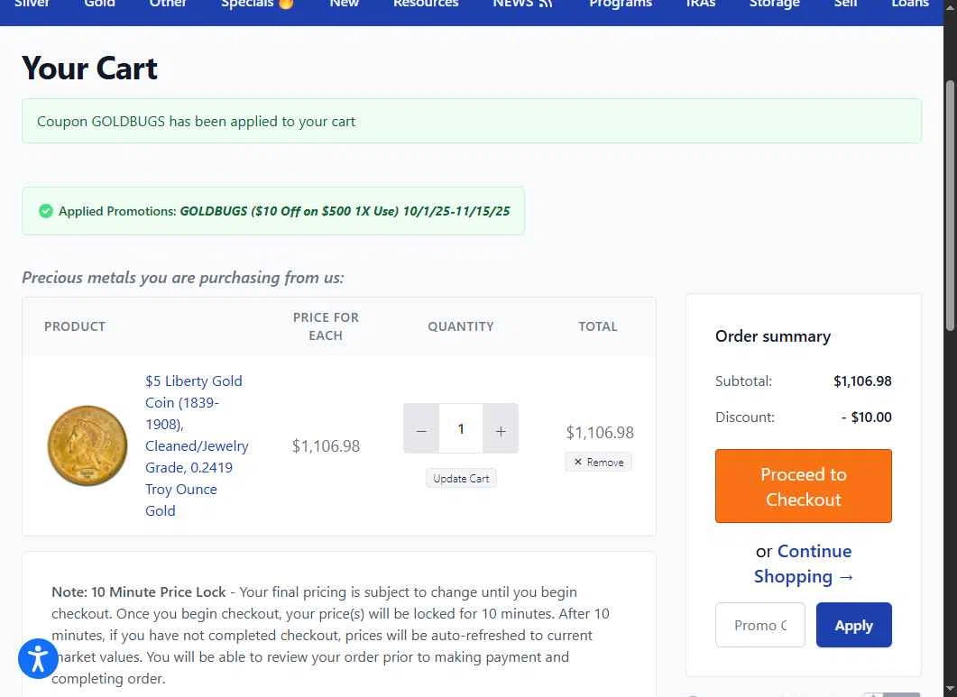 Money Metals Exchange checkout page showing Money Metals Exchange promo code box | Screenshot taken by SimplyCodes community member on Nov 9, 2025