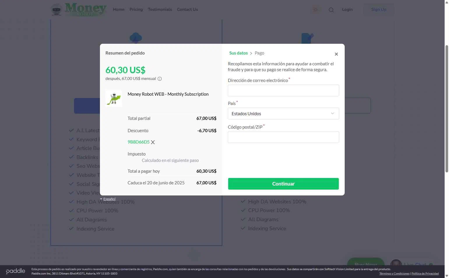 Money Robot checkout page showing Money Robot discount code box | Screenshot taken by SimplyCodes community member on May 20, 2025