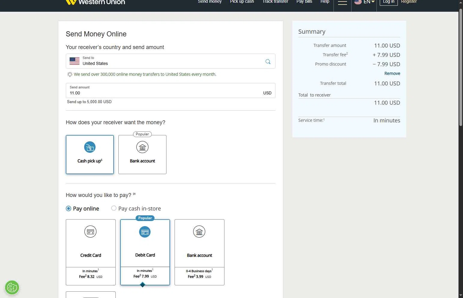 Western Union checkout page showing Western Union promo code box | Screenshot taken by SimplyCodes community member on Feb 6, 2026