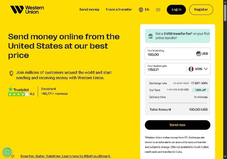 Western Union checkout page showing Western Union promo code box | Screenshot taken by SimplyCodes community member on Feb 16, 2026