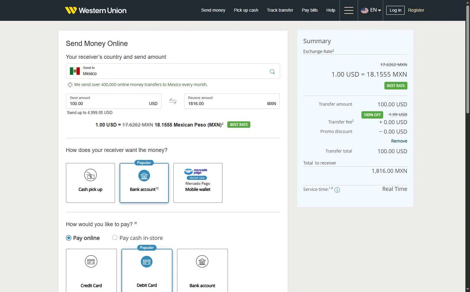 Western Union checkout page showing Western Union promo code box | Screenshot taken by SimplyCodes community member on Jan 5, 2026