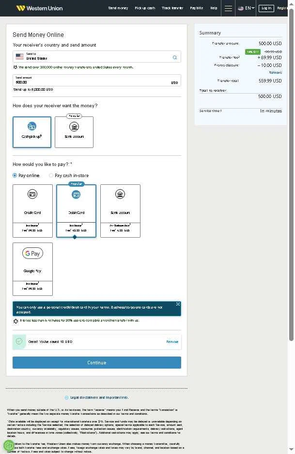 Western Union checkout page showing Western Union promo code box | Screenshot taken by SimplyCodes community member on Feb 18, 2026