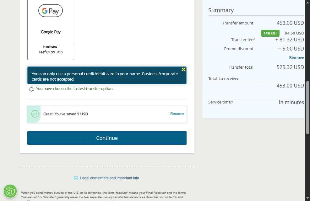 Western Union checkout page showing Western Union promo code box | Screenshot taken by SimplyCodes community member on Nov 30, 2025