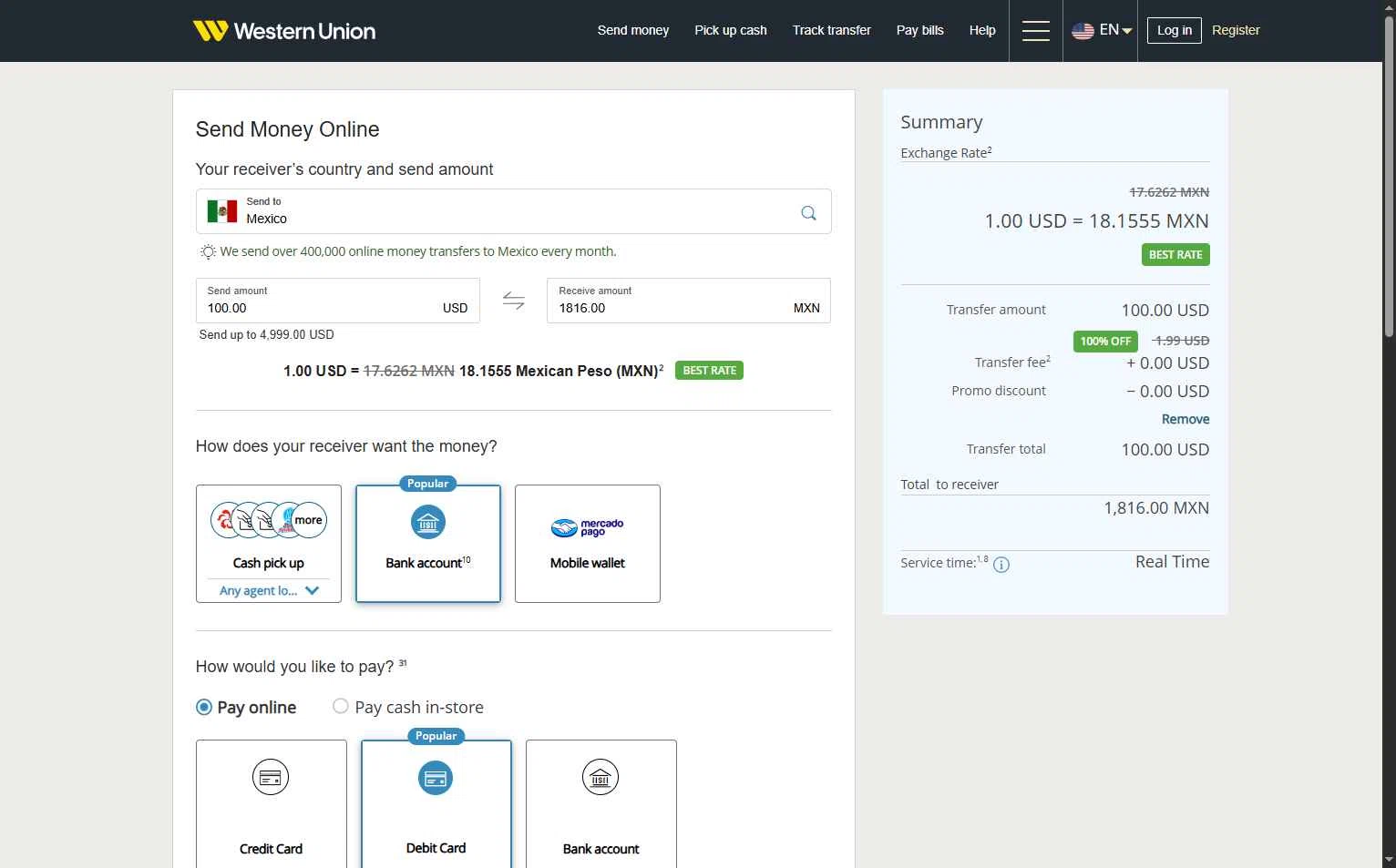 Western Union checkout page showing Western Union promo code box | Screenshot taken by SimplyCodes community member on Jan 6, 2026