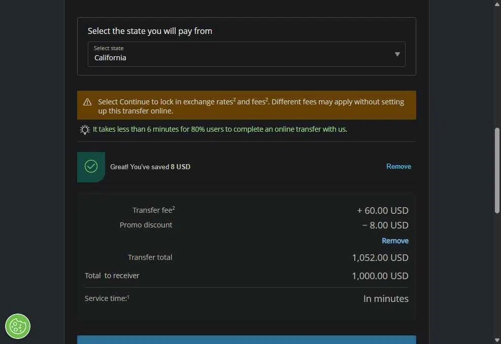 Western Union checkout page showing Western Union promo code box | Screenshot taken by SimplyCodes community member on Jan 6, 2026