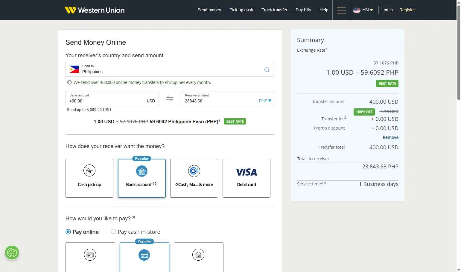 Western Union checkout page showing Western Union promo code box | Screenshot taken by SimplyCodes community member on Dec 20, 2025
