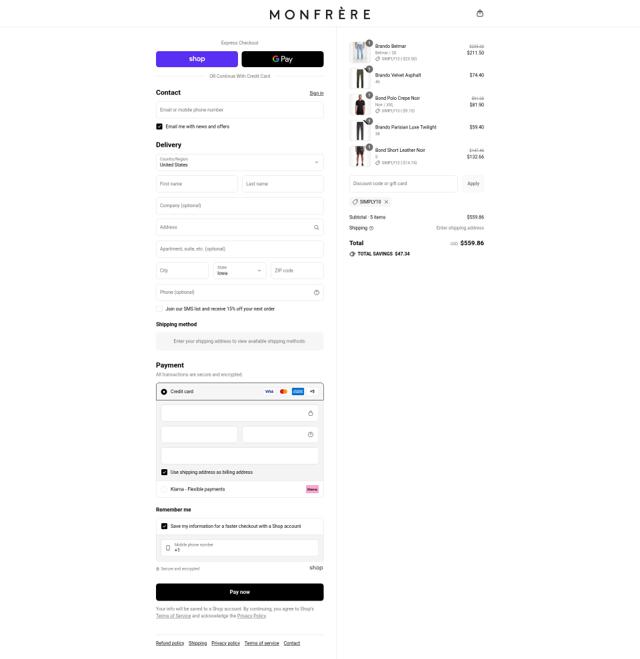 Monfrère checkout page showing Monfrère promo code box | Screenshot taken by SimplyCodes community member on Sep 11, 2025