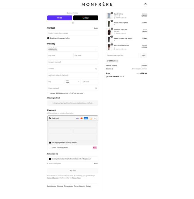 Monfrère checkout page showing Monfrère promo code box | Screenshot taken by SimplyCodes community member on Sep 7, 2025