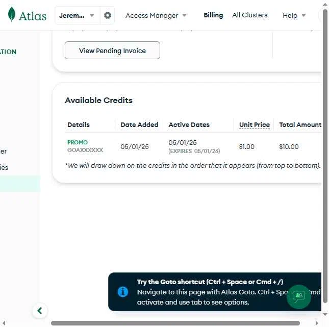 MongoDB checkout page showing MongoDB promo code box | Screenshot taken by SimplyCodes community member on May 1, 2025
