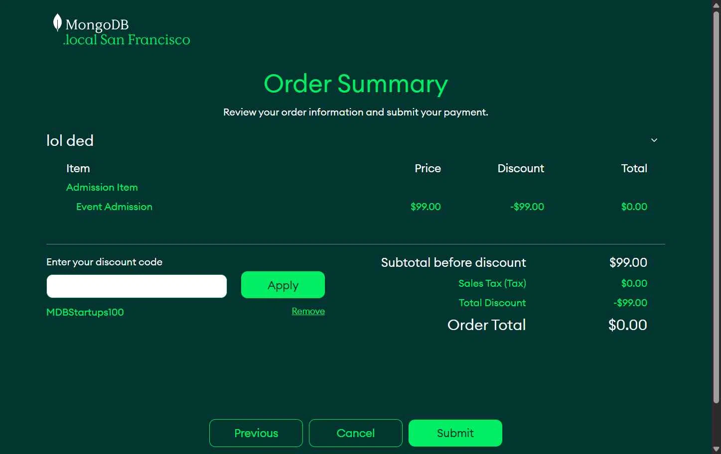 MongoDB checkout page showing MongoDB promo code box | Screenshot taken by SimplyCodes community member on Jan 9, 2026