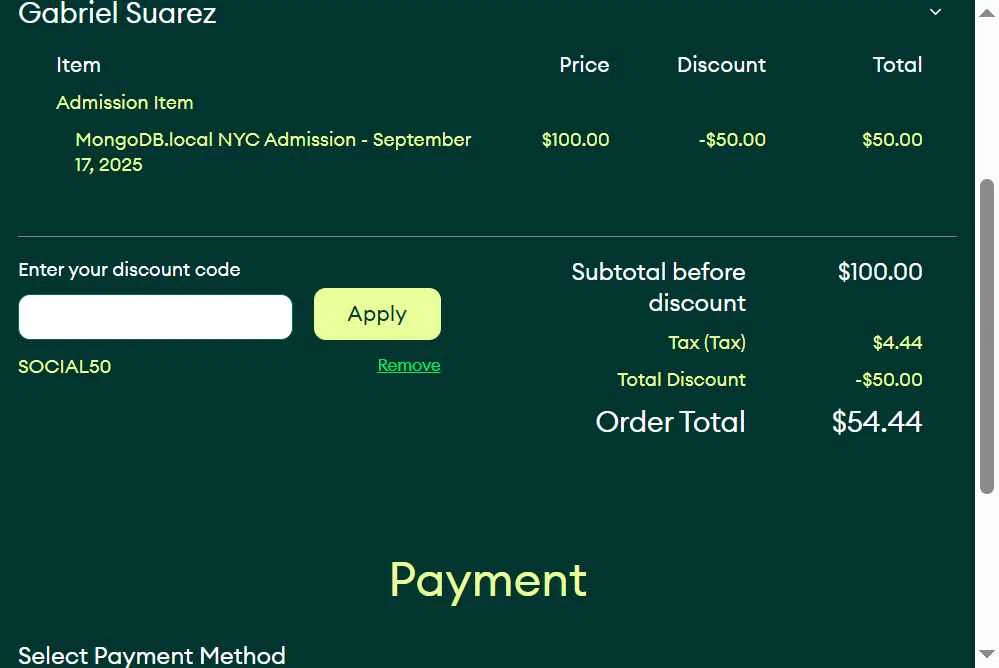 MongoDB checkout page showing MongoDB promo code box | Screenshot taken by SimplyCodes community member on Aug 18, 2025